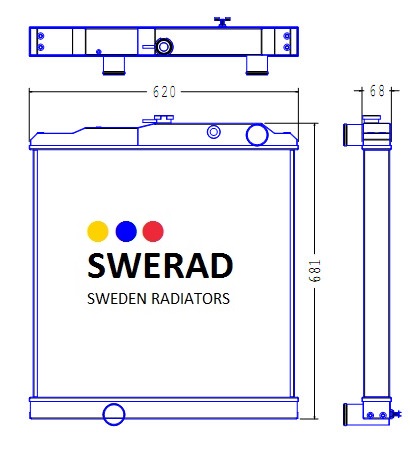 Teknisk ritning av Kylare Hyster/Yale gräsklippare radiator med mått märkta. Framsidans höjd är 681 mm och bredd är 620 mm; djupet från sidan är 68 mm. Kylaren har SWERAD-logotypen och texten "SWEDEN RADIATORS".