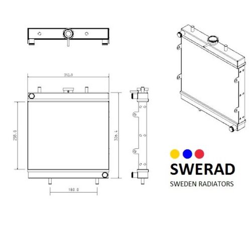 Teknisk ritning av en Kylare IHI grävmaskin radiator, som visar front-, sido- och toppvyer med mått. SWERAD Sweden Radiators logotyp finns nere till höger.