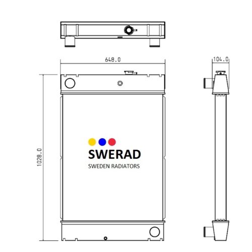 Tekniskt diagram över en rektangulär radiator märkt "Kylare Ingersoll Rand generator" med dimensionerna 1028 mm gånger 648 mm och ett djup på 104 mm, inklusive topp-, front- och sidovyer.