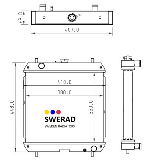 Teknisk ritning av en Kylare Iseki gräsklippare radiator, som visar front- och sidovyer med mått märkta i millimeter. Radiatorn har anslutningspunkter och en etikett med varumärke och logotyp.