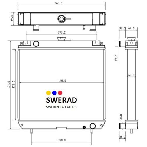 Teknisk ritning av en Kylare Iseki gräsklippare, som visar front-, topp- och sidovyer med detaljerade mått i millimeter.