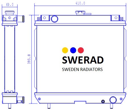 Teknisk ritning av en Kylare Iseki gräsklippare radiator med dimensioner: höjd 395 mm, bredd 410 mm, definierande detaljerade sektioner och varumärke med tre färgade prickar ovanför texten "SWERAD SWEDEN RADIATORS.
