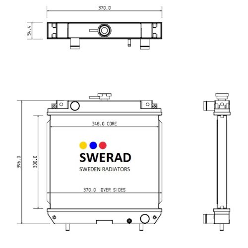 Tekniskt diagram över en Kylare Iseki gräsklippare modell från SWERAD Sweden Radiatorer, med vyer framifrån, ovanifrån och från sidan, märkta med dimensioner.