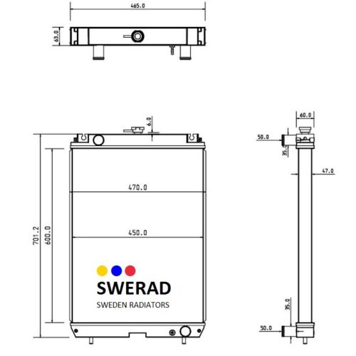 Teknisk ritning av en Kylare Isuzu-generatorradiator med vyer framifrån, från sidan och ovanifrån, som visar mått och anslutningspunkter. Logotypen "SWERAD Sweden Radiators" visas på framsidan.