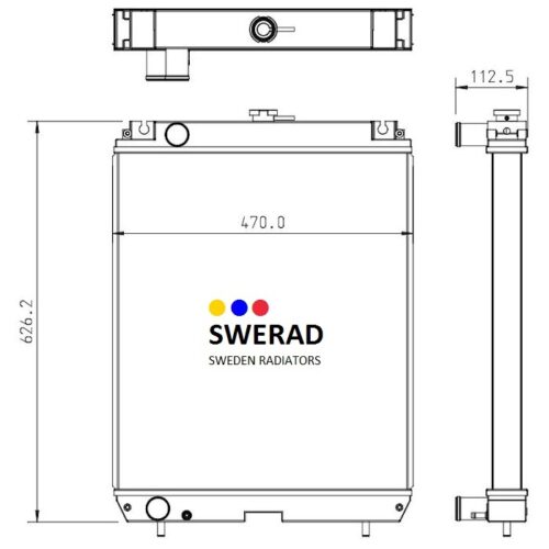 Teknisk ritning av en Kylare Isuzu generatorradiator med front-, sido- och toppvyer. Måtten inkluderar en bredd på 470 mm och höjd på 626,2 mm. Logotypen lyder "SWERAD SWEDEN RADIATORS".