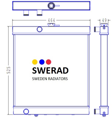 Teknisk ritning av en Kylare Jacobsen gräsklippare radiator från Swerad, Sverige Radiatorer, som visar front- och sidomått: höjd 525 mm, bredd 464 mm och djup 49 mm.