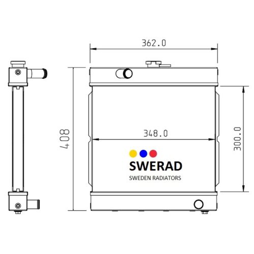Teknisk ritning av en radiator med mått. Framifrån: höjd 300,0 mm, bredd 348,0 mm. Sidovy: höjd 408,0 mm, djup 362,0 mm. Märkt "Kylare Jacobsen gräsklippare.