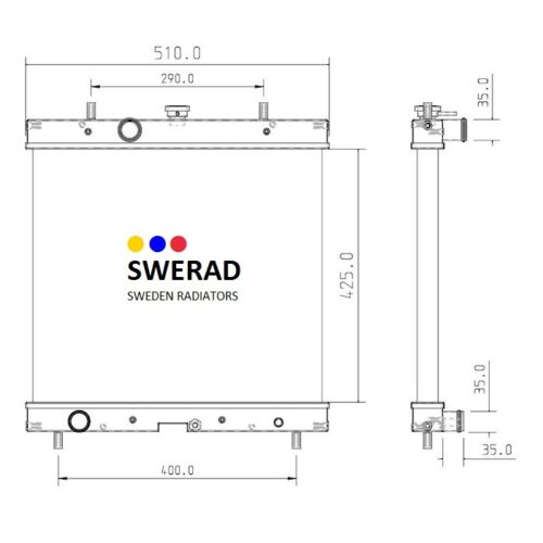 Teknisk ritning av en Kylare Jensen flishugg radiator märkt "SWEDEN RADIATORS", som visar front- och sidovyer med mått: höjd 425 mm, bredd 510 mm och olika monteringspunkter.