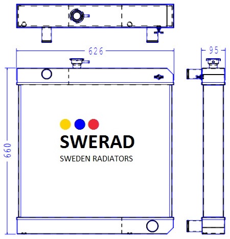 Teknisk ritning av en Kylare Johnston sopmaskin radiator från olika vinklar, som visar mått och tekniska detaljer. Texten "SWERAD SWEDEN RADIATORS" är synlig på framsidan.