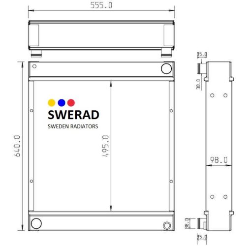 Teknisk ritning av Kylare Jungheinrich gaffeltruckenhet med mått. Kylaren mäter 640,0 mm i höjd och 555,0 mm i bredd. Sidovy visar ett djup på 98,0 mm.