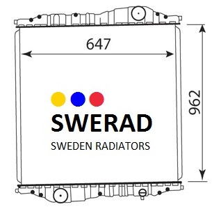 Illustration av en Kylare Kassbohrer bussradiator från Sweden Radiators, med måtten märkt 647 mm bred och 962 mm hög.