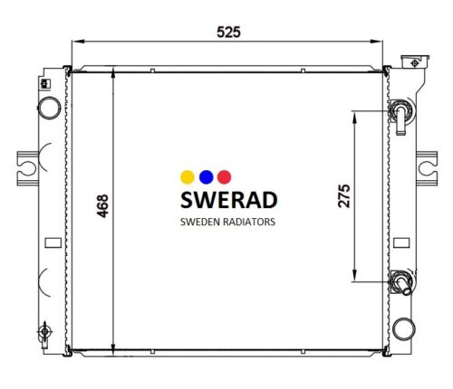 Diagram över en Kylare Kubota lastmaskin radiator som visar mått: 525 mm i bredd, 468 mm på höjden och 275 mm för infälld sektion.