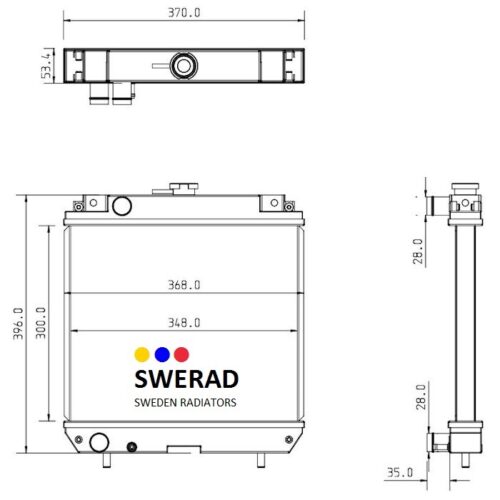 Teknisk ritning av Kylare Kubota lastmaskin radiator med front-, sido- och toppvyer. Mått och mått är märkta. Varumärket "SWERAD SWEDEN RADIATORS" syns på framsidan.