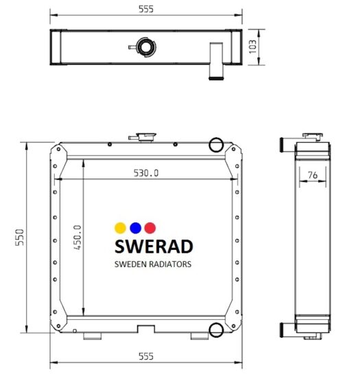 Teknisk ritning av Kylare Kubota skogsmaskin radiator med front-, top- och sidovyer. Måtten anges med en bredd på 555 mm, en höjd på 550 mm och ett djup på 103 mm. Färglogotypen visar texten "SWERAD SWEDEN RADIATORS.