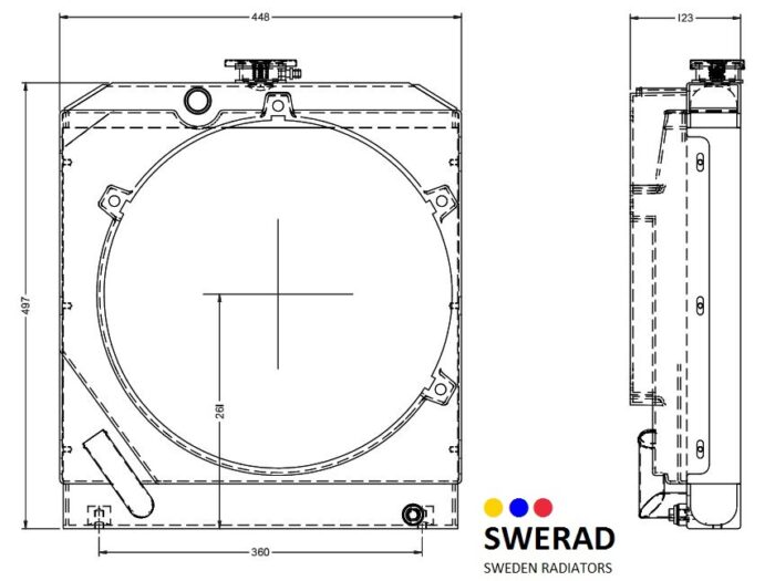Teknisk ritning av en radiator med mått och märkta sektioner, som visar front- och sidovyer. I det nedre högra hörnet finns logotypen "SWERAD SWEDEN RADIATORS" och produktnamnet "Kylare Kubota skogsmaskin.