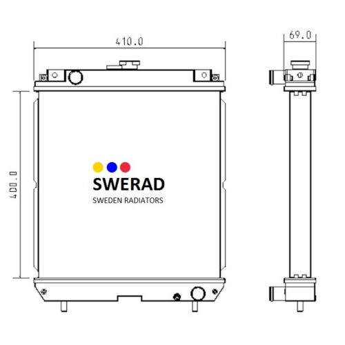 Tekniskt diagram över Kylare Kubota radiator med höjd- och breddmått. Frontvyn visar SWERAD Sweden Radiators logotyp, och sidovyn inkluderar ytterligare mått och anslutningspunkter.
