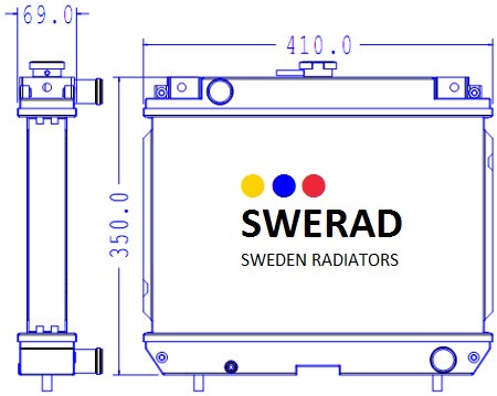 Tekniskt diagram över en kylare märkt "Kylare Kubota", som visar front- och sidovyer med dimensioner: 410,0 mm bred, 350,0 mm hög och 69,0 mm tjock.