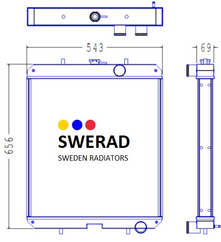 Teknisk ritning av en Kylare Kubota radiator. Framsidan visar dimensioner på 543 mm i bredd och 656 mm i höjd. Sidovyn visar ett djup på 69 mm. Innehåller företagets logotyp och namn.
