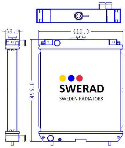Teknisk ritning av en Kylare Kubota radiator, med dimensionerna 496 mm på höjden, 410 mm på bredden och 69 mm på djupet. Ritningen inkluderar front-, sido- och toppvyer.