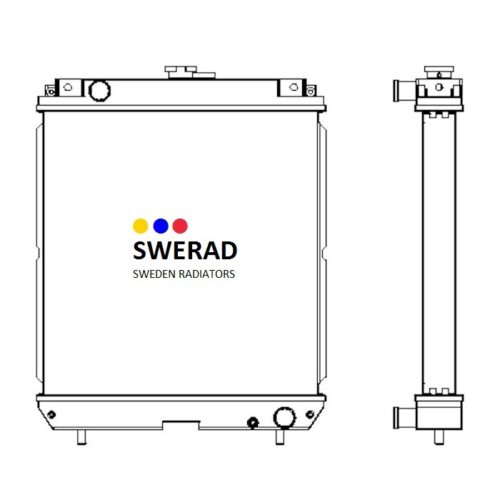 Tekniskt diagram över en Kylare Kubota-enhet, som visar front- och sidovyer med SWERAD Sweden Radiators företagslogotyp och designdetaljer.