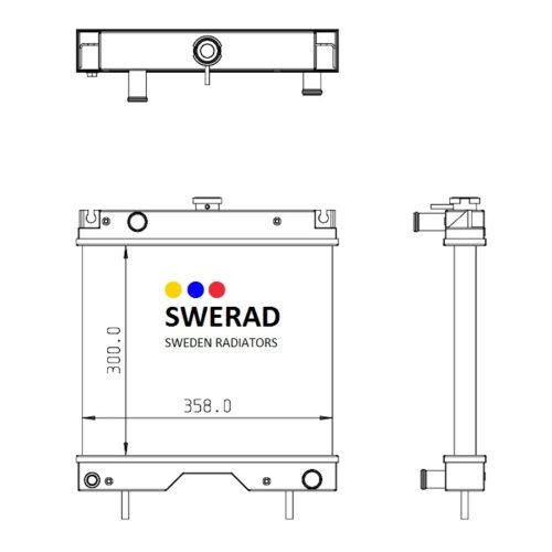 Teknisk ritning av en Kylare Kubota radiator märkt "Sweden Radiatorer", som visar front-, sido- och toppvyer. Mått anges som 300 mm på höjden och 358 mm på bredden.