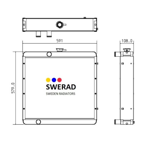 Diagrammet visar en Kylare Kubota radiator med måtten 579,0 mm x 591,0 mm framifrån och 108,0 mm från sidan, inklusive kontakter och monteringspunkter.