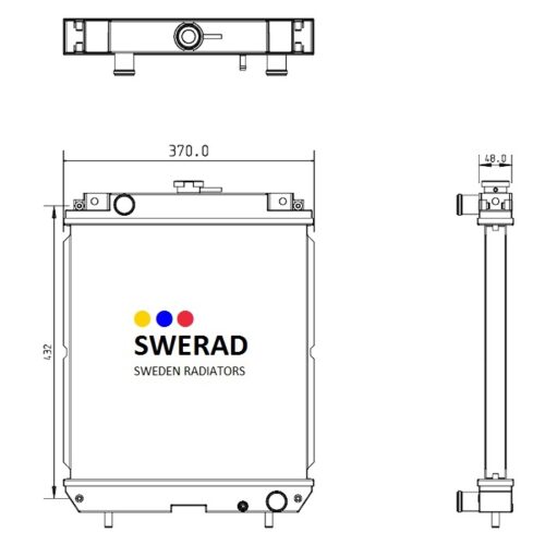 Teknisk ritning av en Kylare Kubota radiator, som visar front- och sidovyer med mått märkta i millimeter. Framsidan visar företagets logotyp och modellspecifikationer.