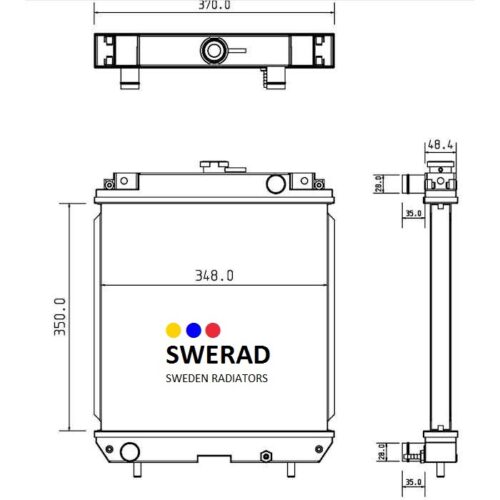 Teknisk ritning av Kylare Kubota grävmaskin radiator med mått märkta i millimeter. Framsidan visar texten "SWERAD Sweden Radiatorer", medan topp- och sidovyerna beskriver strukturen och måttspecifikationerna.
