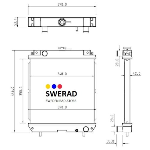 Tekniska ritningar av en Kylare Kubota grävmaskin Radiator, som visar fram-, bak- och sidovyer med mått i millimeter.