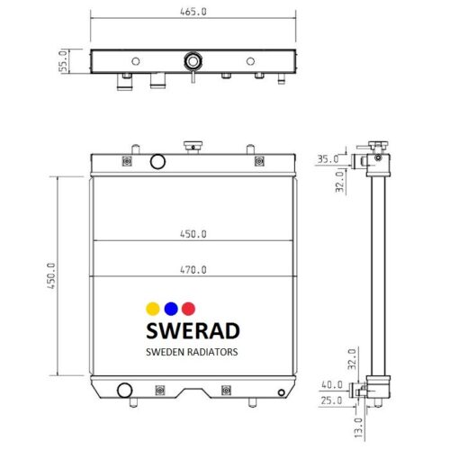 Tekniskt diagram över en kylare från SWERAD Sweden Radiatorer, närmare bestämt Kylare Kubota grävmaskin-modellen, som visar front-, topp- och sidovyer med mått märkta i millimeter.