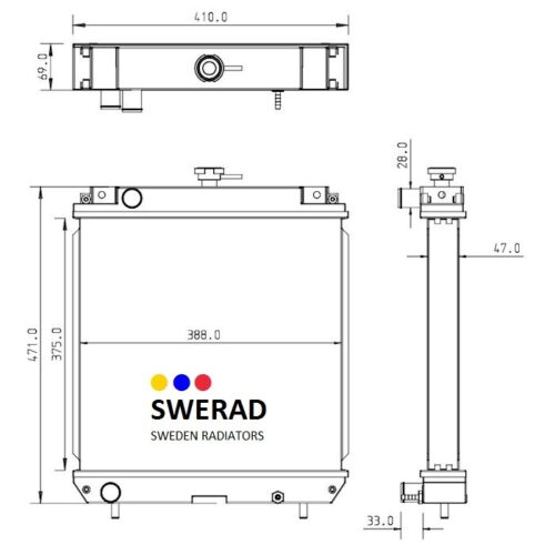 Teknisk ritning av Kylare Kubota grävmaskin radiator med front-, top- och sidovyer. Nyckelmått tillhandahålls, tillsammans med en märkt logotyp i frontvyn.