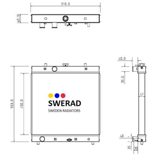 Teknisk ritning av en Kylare Kubota grävmaskin radiator med mått framifrån, från sidan och ovanifrån.