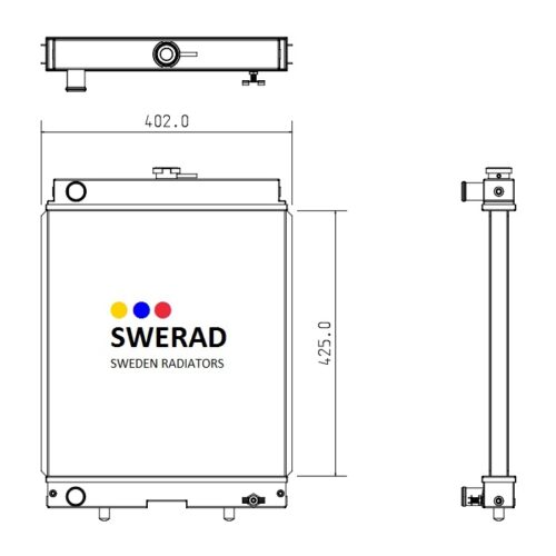 Teknisk ritning av en rektangulär Kylare Kubota-radiator, som visar front-, topp- och sidovyer med måtten 402,0 mm bredd och 425,0 mm höjd.
