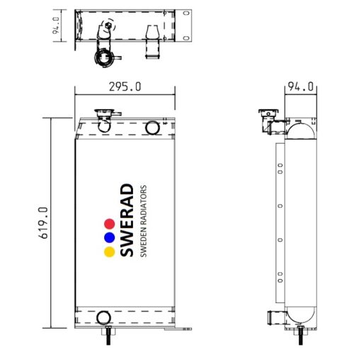 Tekniskt diagram över en Kylare Linde gaffeltruckenhet med front- och sidovyer. Måtten är 619,0 mm höjd, 295,0 mm bredd och 94,0 mm djup.