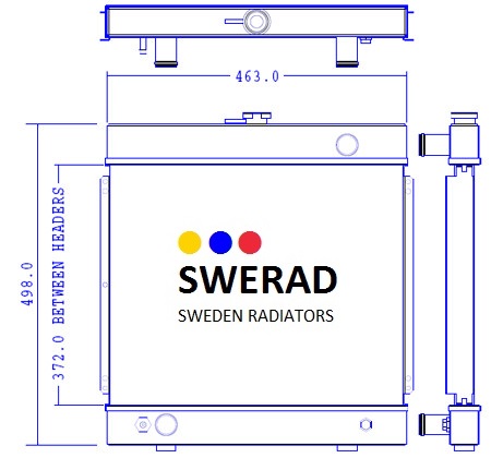 Teknisk ritning av en Kylare Lombardini-generator från Sweden Radiatorer, med dimensioner och detaljerade vyer av toppen, framsidan och sidoaspekterna.