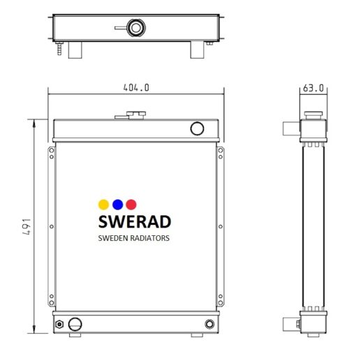 Teknisk ritning av en radiator med front-, topp- och sidovyer. Framifrån har logotypen "Kylare Lombardini generator" med dimensioner listade som 491 mm höjd, 404 mm bredd och 63 mm djup.