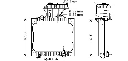 Teknisk ritning av Kylare MAN lastbil, som visar front- och sidovyer med detaljerade mått, som indikerar funktioner som 9,8 mm och 22 mm hål, och övergripande dimensioner på 1030 mm höjd och 400 mm bredd.