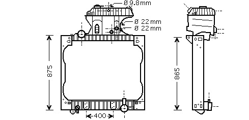 Teknisk ritning av Kylare MAN lastbil mekaniska komponent med mått. Framsidan visar mått: 875 mm höjd och 400 mm bredd. Sidovyn indikerar en höjd på 865 mm. Cirkulära hål med diametrar på 22 mm och 9,8 mm noteras.