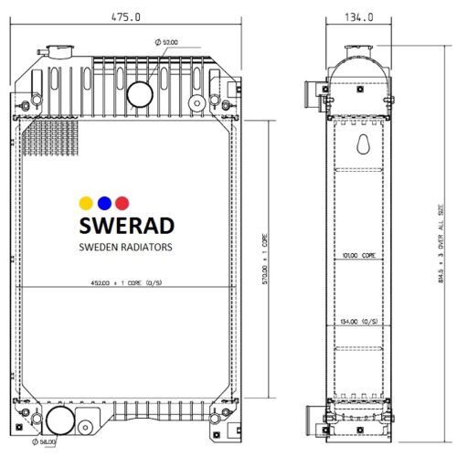 Teknisk ritning av en Kylare McCloskey stenkross radiator, som visar front- och sidovyer med detaljerade mått och märkta komponenter. Text indikerar "SWERAD SWEDEN RADIATORS.