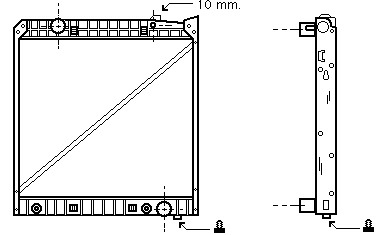 Diagram som visar front- och sidovyerna av en Kylare Mercedes lastbil, som visar placeringen av skruvar och ett 10 mm mått på frontvyn.