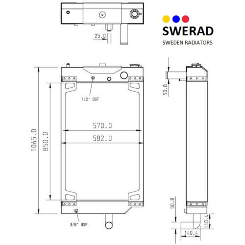 Tekniskt diagram över en Kylare Sandvik krossverk radiator som visar front- och sidovyer med mått i millimeter. Logotypen och texten "SWERAD SWEDEN RADIATORS" finns i det övre högra hörnet.