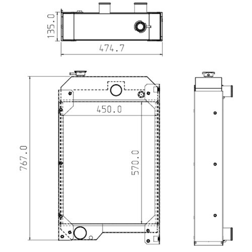 Teknisk ritning av Kylare Sandvik krossverk med en rektangulär tank med dimensionerna 474,7 mm bredd, 137,5 mm höjd och 767 mm längd. Ritningen inkluderar front-, sido- och toppvyer med olika inlopps-/utloppsportar.