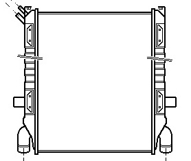 Tekniskt diagram av Kylare Scania lastbil strukturella ramverk, med komponenter och kopplingar på varje sida, eventuellt representerande en industriell eller mekanisk delmontering.