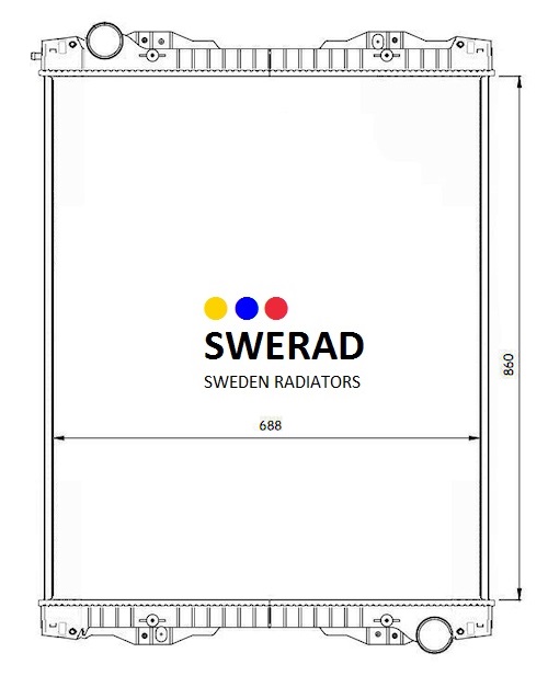 Teknisk ritning av en Kylare Scania lastbil radiator för Sverige Radiatorer med måtten indikerade som 688 mm breda och 860 mm höga. Swerads logotyp visas i mitten.