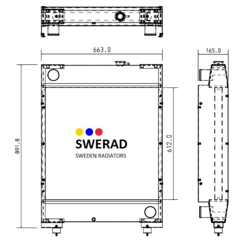 Teknisk ritning av en Kylare SDMO-generator, märkt "Swerad Sweden Radiators", med dimensionerna 891,8 mm gånger 663,0 mm och ett sidodjup på 165,0 mm.