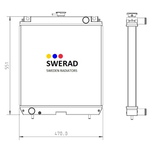 Teknisk ritning av Kylare SDMO-generatorn. Framifrån och från sidan visas med mått: 551 mm höjd och 470 mm bredd. Texten "SWERAD Sweden Radiatorer" med en logotyp visas på framsidan.