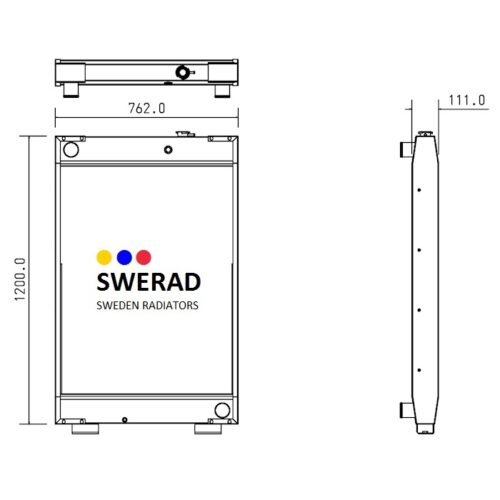 Teknisk ritning av en Kylare SDMO-generator från Sverige, som visar dess dimensioner: 1200,0 mm höjd, 762,0 mm bredd och 111,0 mm djup. Logotypen innehåller färgade prickar och texten "SWERAD Sweden Radiatorer.