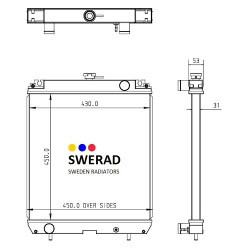 Teknisk ritning av en Kylare SDMO generatorenhet av Swerad Sweden Radiators, som visar front- och sidovyer med mått märkta i millimeter.