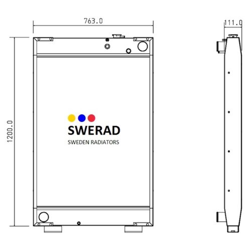 Teknisk ritning av en Kylare SDMO-generator, märkt "SWEDEN RADIATORS", som visar front- och sidovyer med dimensioner: 1200,0 mm på höjden, 763,0 mm i bredd och 111,0 mm på djupet.