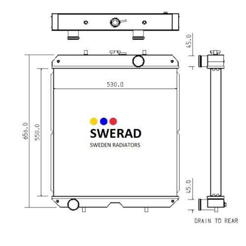 Teknisk ritning av en kylare märkt "Kylare SDMO-generator", som visar front-, topp- och sidovyer med mått och specifikationer.